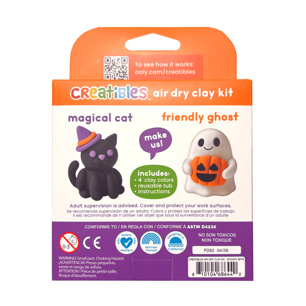 Back of OOLY Creatibles Air Dry Clay Kit — Spooky BFFs packaging showing Magical Cat and Friendly Ghost designs with "make us!" callout; includes 4 clay colors, reusable tub, and instructions; ASTM D4236 compliant, non-toxic, designed in California