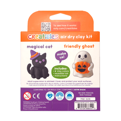 Back of OOLY Creatibles Air Dry Clay Kit — Spooky BFFs packaging showing Magical Cat and Friendly Ghost designs with "make us!" callout; includes 4 clay colors, reusable tub, and instructions; ASTM D4236 compliant, non-toxic, designed in California