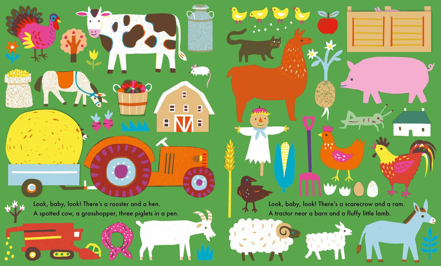 Interior spread of Look Baby Look Outside showing the Farm pages — colorful illustrations of turkey, cow, milk can, chicks, cat, llama, pig, horse, hay bale, tractor, barn, scarecrow, rooster, hen, sheep, goat, ram, donkey, and grasshopper with rhyming text on a green background