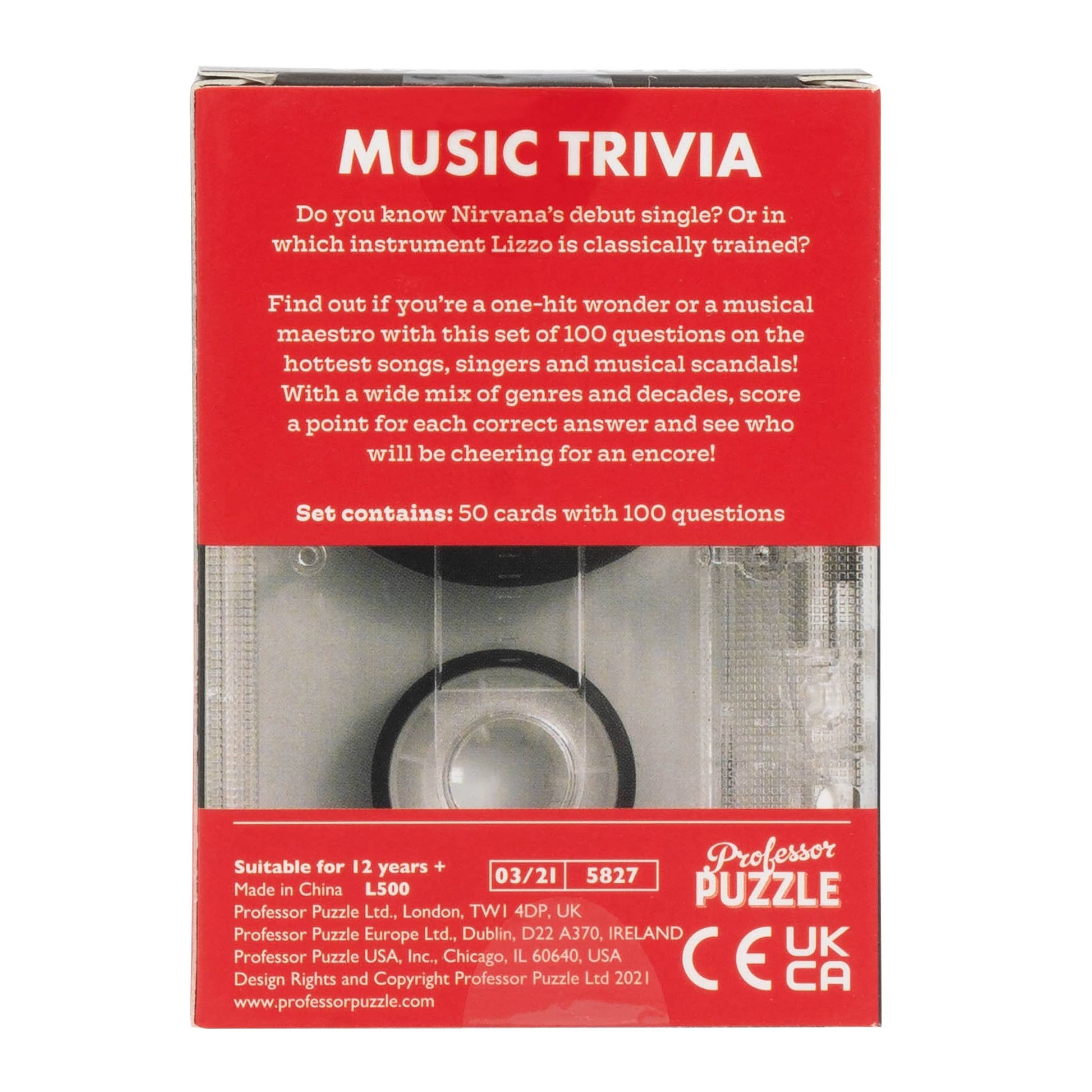 Back of Mini Music Trivia card game box showing game description, "50 cards with 100 questions" contents, and Professor Puzzle branding on red background