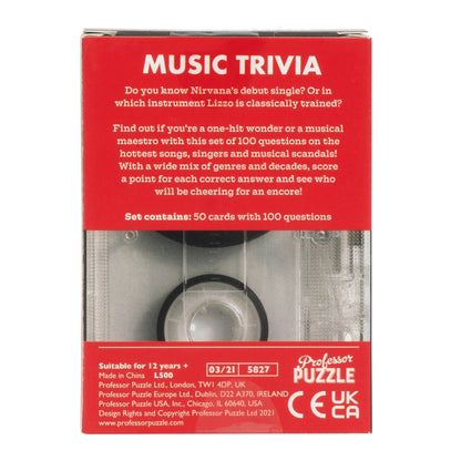 Back of Mini Music Trivia card game box showing game description, "50 cards with 100 questions" contents, and Professor Puzzle branding on red background