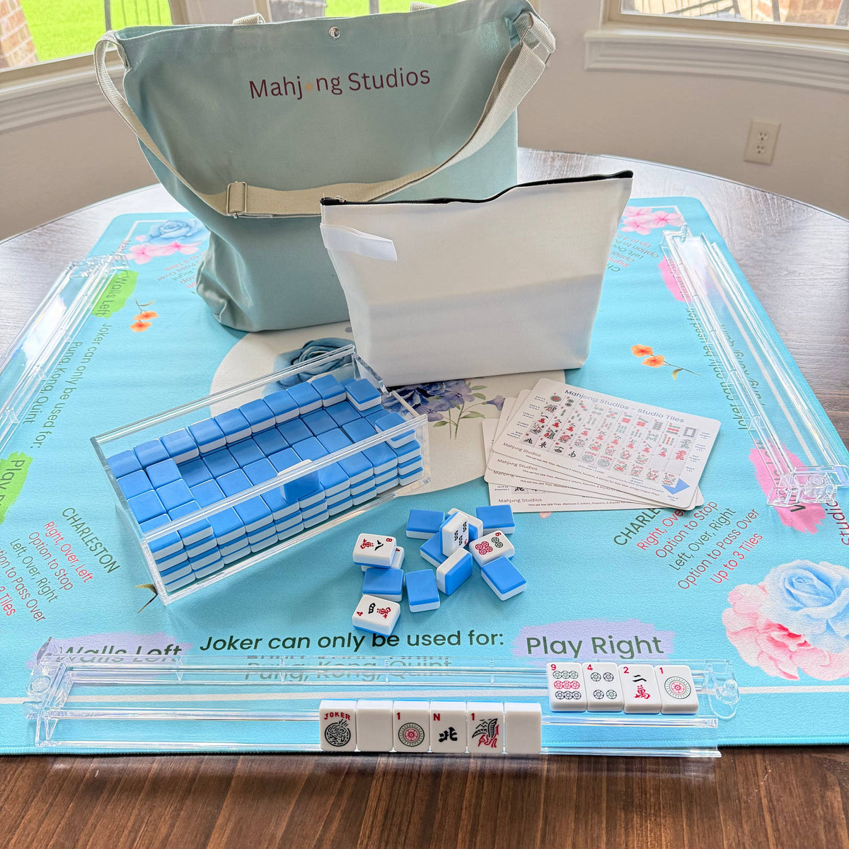 Mahjong Studios Studio Tiles Mahjong Set | 166 Tiles Blue Bundle with Clear Racks