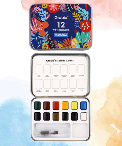 Grabie Complete Watercolor Pocket Set; Essential Colors (12 Colors & Brush)