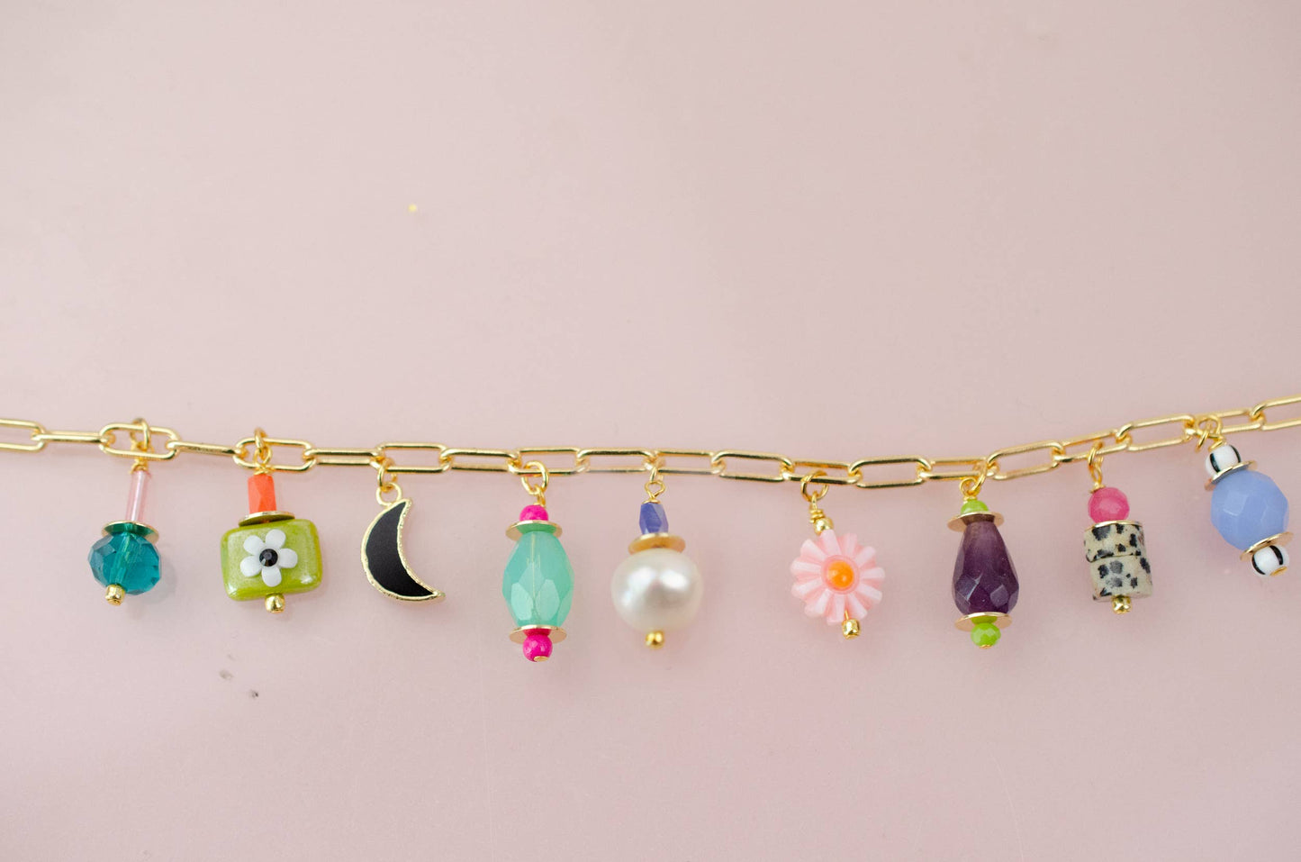 Bracelet; Vienna Pearl Charm (Colorful, Gold) By Jill Makes