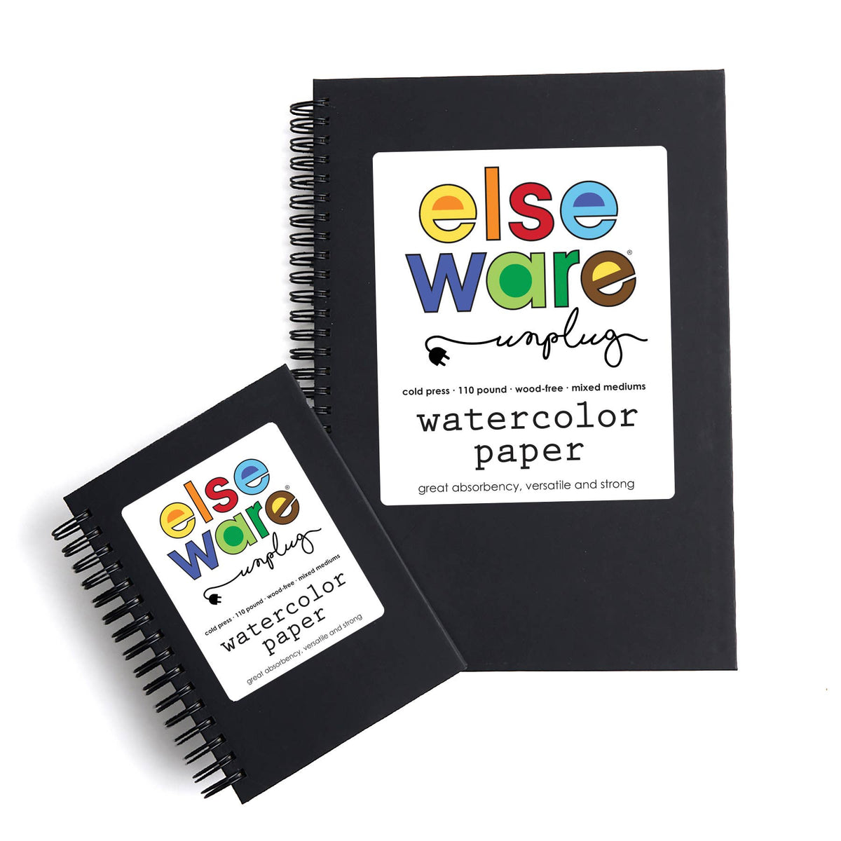 Two Elseware Unplug watercolor paper pads on white background showing size comparison — large pad upright in background with white label showing colorful Elseware Unplug logo; small pad angled in foreground; both are black spiral-bound with identical cold press watercolor paper branding