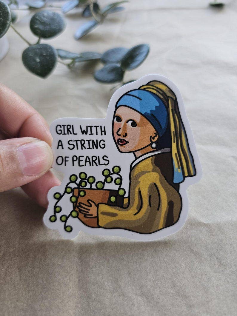 Girl with a String of Pearls Plant Sticker – Funny Art Parody Vinyl Sticker for Plant Lovers, Art Fan Gift Idea, Sticker for Water Bottle