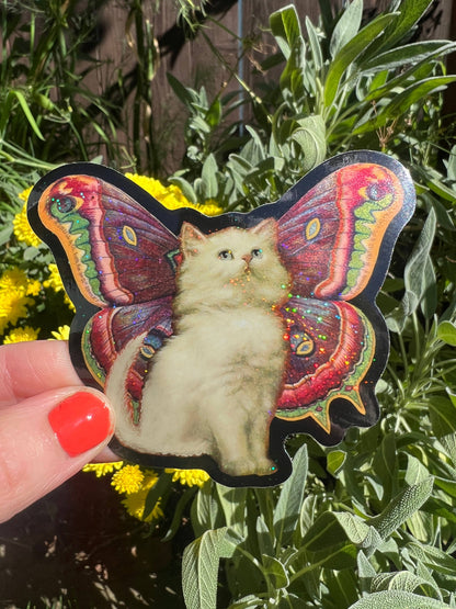 Vinyl Sticker; Cat Butterfly (Glitter 3 Inch)
