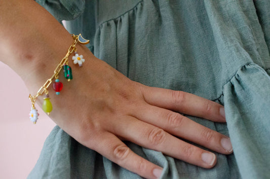 Bracelet; Ladybird Flower Charm (Colorful, Gold) By Jill Makes