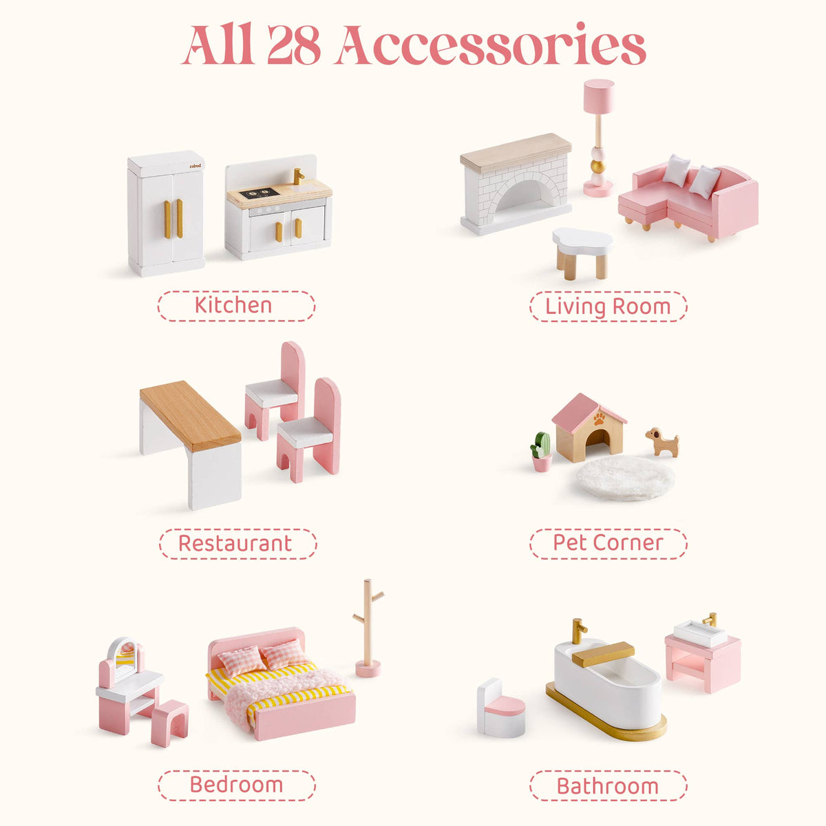 Wooden Dollhouse Furniture Set | 28 Pieces Pink | ROBUD