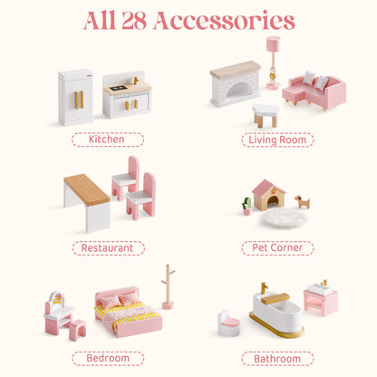 Wooden Dollhouse Furniture Set | 28 Pieces Pink | ROBUD