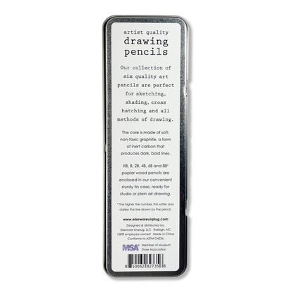Back of Elseware Unplug drawing pencils tin on white background — white label with product description, HB through 8B grade guide, softness note, elsewareunplug.com URL, Elseware Unplug LLC Raleigh NC attribution, 100% employee-owned and Made in China text, MSA member badge, and barcode 850062827356