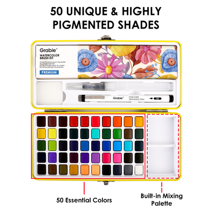 Grabie All-In-One Premium Watercolor Set of 50 (Paper, Pen, & 7 Brushes Included)