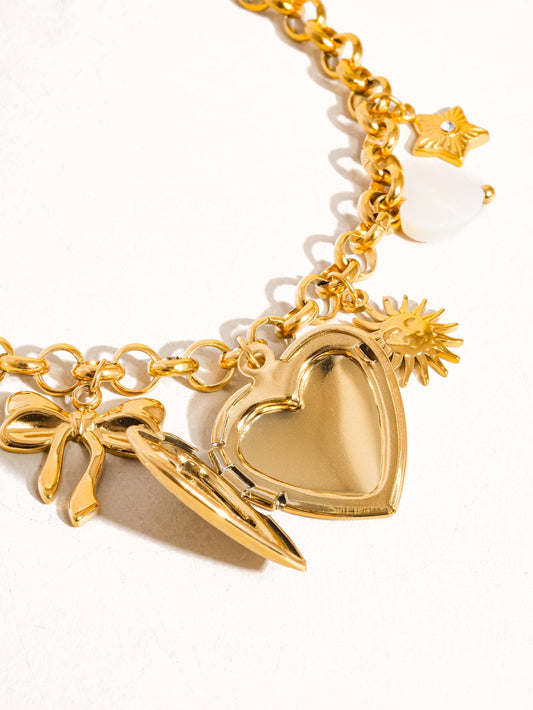 Heart Locket Charm Bracelet; Eydn (18K Gold, Non-Tarnish)
