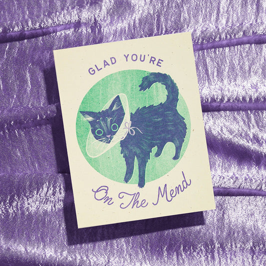 Sympathy Card; Glad You're On The Mend Cat (Risograph Card)