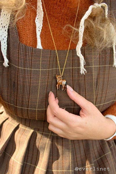 Necklace; Newborn Fawn By Camp Hollow (24k Gold Steel Chain, Hand-Painted Porcelain)