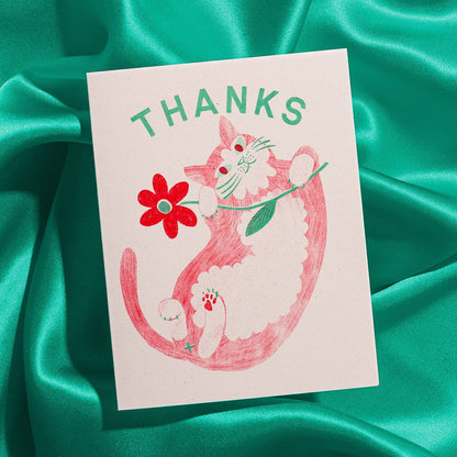 Thank You Card; Cat & Flower (Risograph Card)
