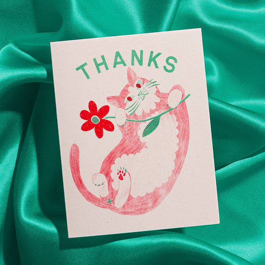 Thank You Card; Cat & Flower (Risograph Card)