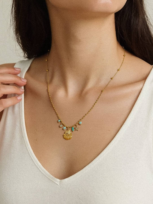 Shell and Star Necklace; Summer (18K Gold, Non-Tarnish)