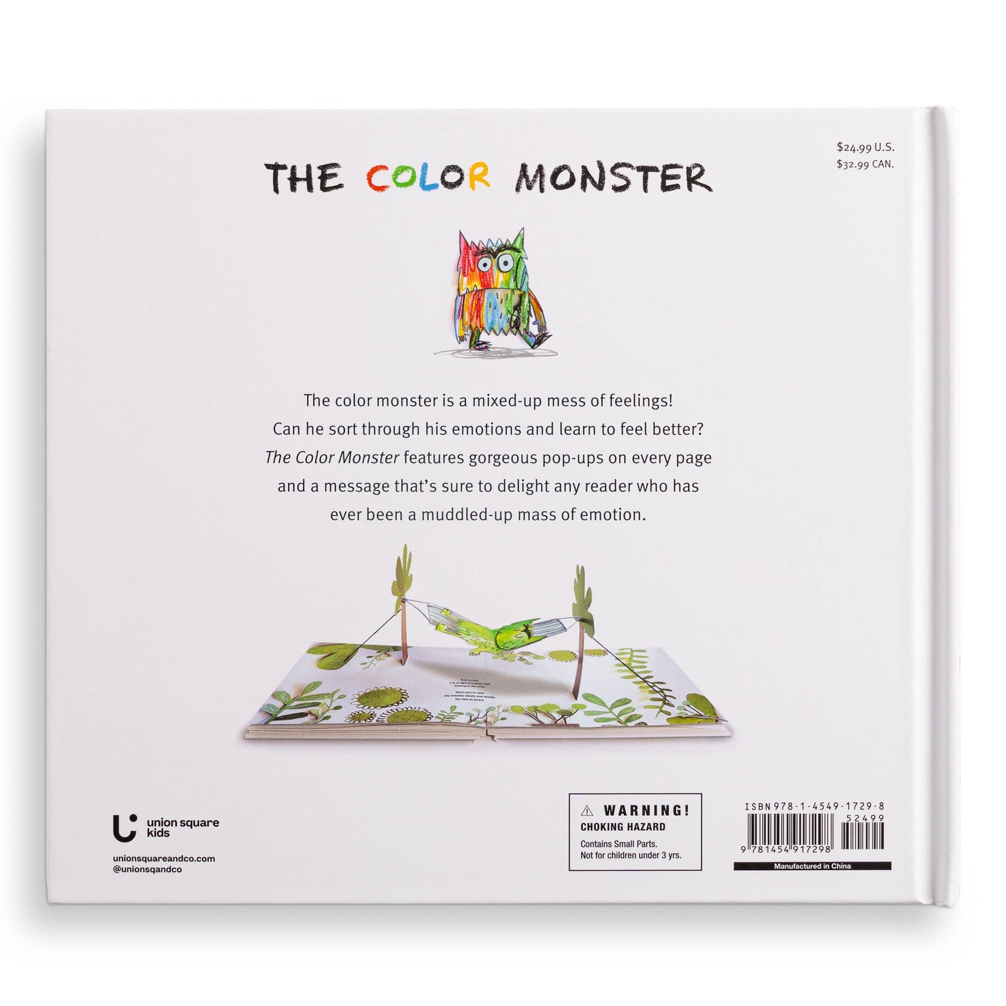 Back cover of The Color Monster: A Pop-Up Book of Feelings — white background with title, small illustration of the multicolor monster, descriptive text about sorting emotions, a 3-D pop-up preview of the green calm nature scene with a bird in a hammock between two trees, Union Square Kids logo, and ISBN barcode