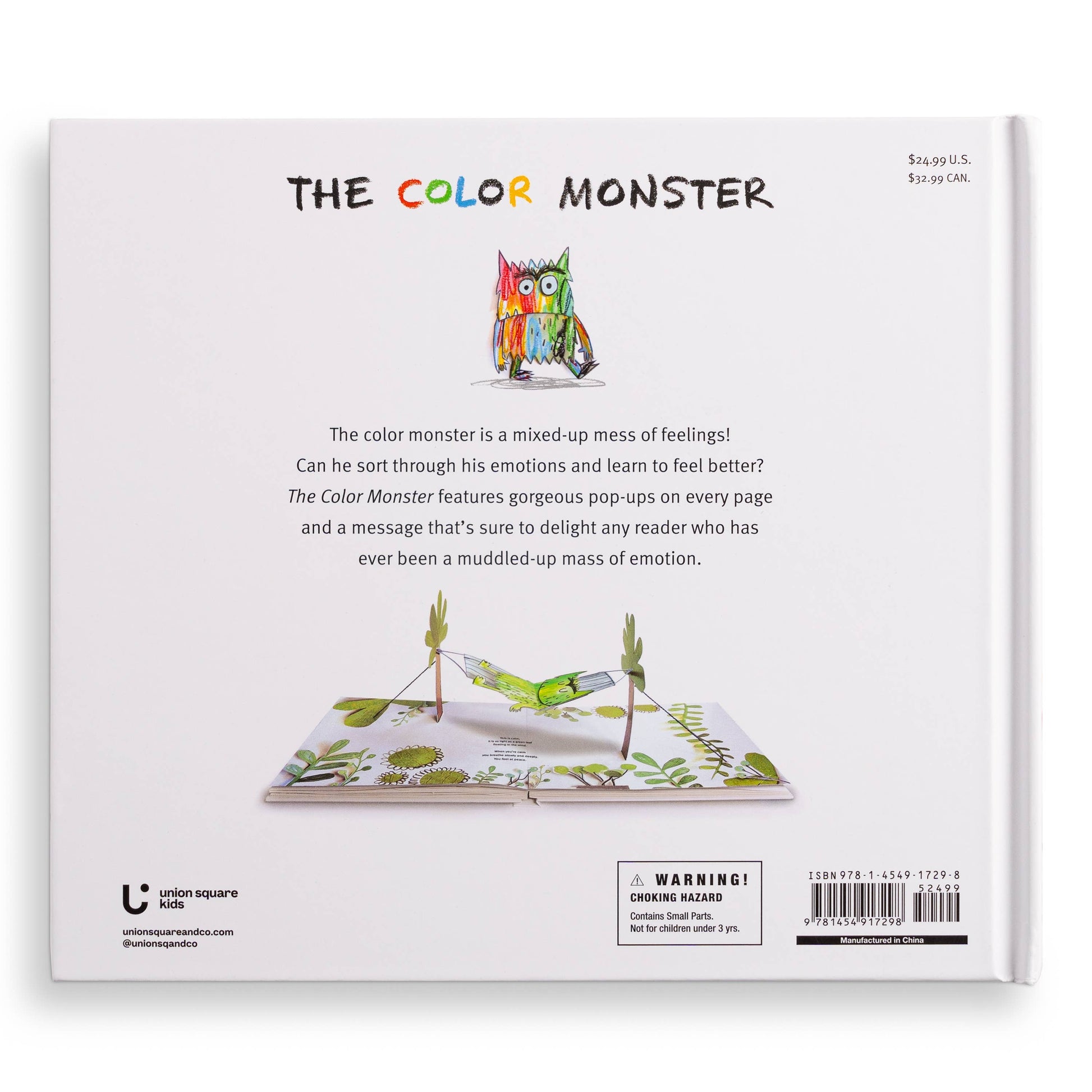 Back cover of The Color Monster: A Pop-Up Book of Feelings — white background with title, small illustration of the multicolor monster, descriptive text about sorting emotions, a 3-D pop-up preview of the green calm nature scene with a bird in a hammock between two trees, Union Square Kids logo, and ISBN barcode