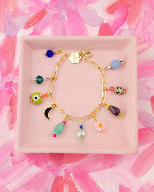 Bracelet; Vienna Pearl Charm (Colorful, Gold) By Jill Makes