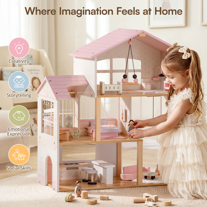 Young girl in white ruffled dress placing a wooden doll figure into the middle-floor bedroom of a Robud 3-story pink and cream dollhouse — benefit icons on the left read Creativity, Storytelling, Emotional Expression, Social Skills; headline reads "Where Imagination Feels at Home"; bookshelf and framed prints in background