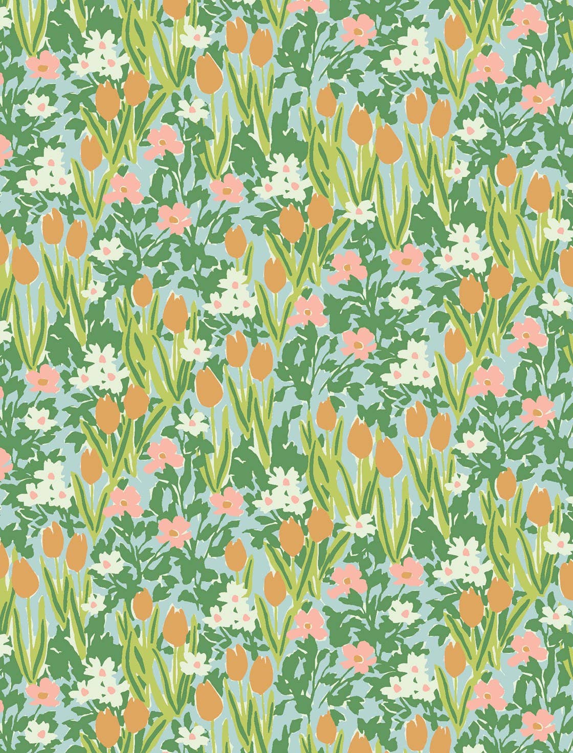 Helmsie wrapping paper sheet with garden floral pattern — peach and ivory daisy-like flowers and orange tulips on a light blue background

