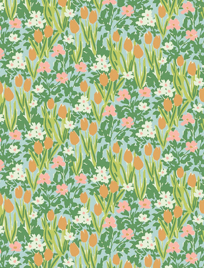 Helmsie wrapping paper sheet with garden floral pattern — peach and ivory daisy-like flowers and orange tulips on a light blue background

