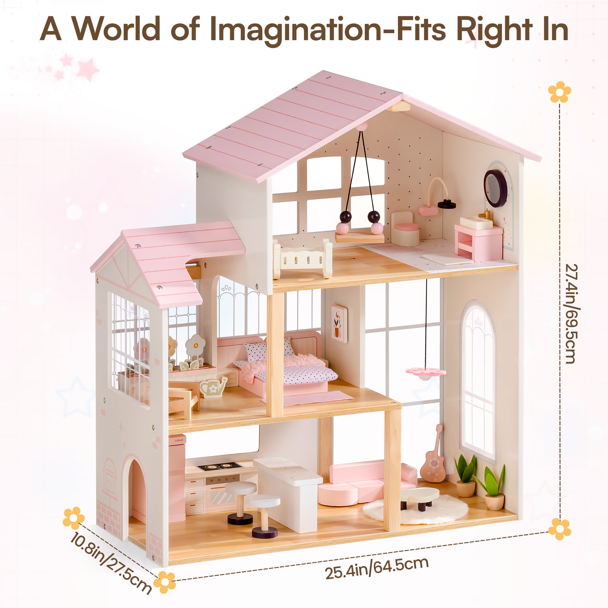 Robud 3-story pink and cream wooden dollhouse shown against a light pink background with dimension callouts — headline reads "A World of Imagination-Fits Right In"; pink polka-dot roof on top; floor-to-ceiling windows on upper and ground floors; 37 furniture pieces arranged across 3 stories; dimensions annotated as 25.4in/64.5cm wide, 10.8in/27.5cm deep, 27.4in/69.5cm tall; yellow flower decorative accents in corners