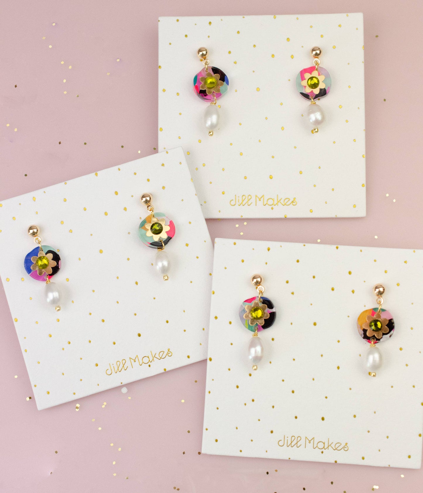Earrings; Pearl Drop Rhinestone (Hand-painted, Gold) By Jill Makes