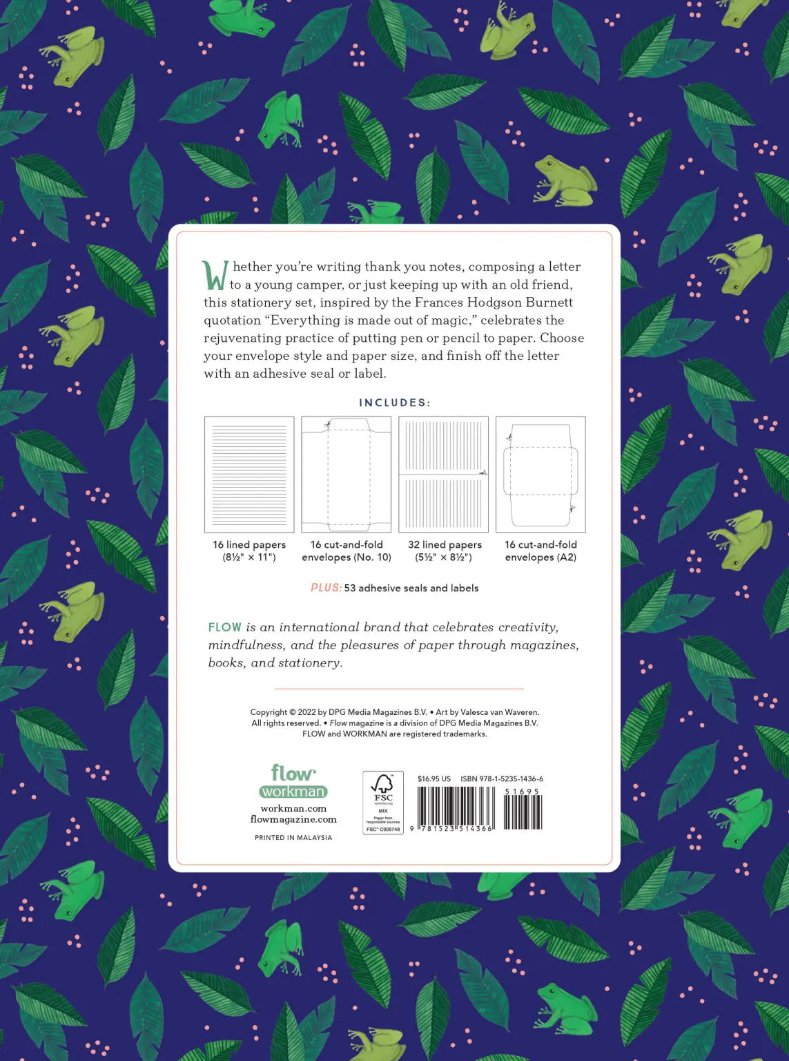 Back cover of Everything Is Made Out of Magic Stationery Pad — navy background with a repeating pattern of green tropical leaves, pink berries, and illustrated green frogs, white label in the center listing contents: 16 lined papers (8½"×11"), 16 cut-and-fold No. 10 envelopes, 32 lined papers (5½"×8½"), 16 cut-and-fold A2 envelopes, plus 53 adhesive seals and labels, with Flow and Workman logos and ISBN barcode