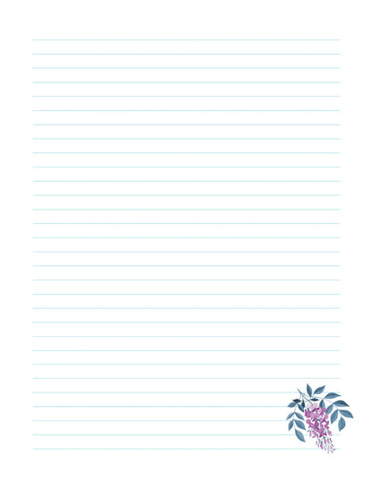 Interior lined writing paper from Everything Is Made Out of Magic Stationery Pad — white sheet with evenly spaced teal horizontal lines and a small watercolor illustration of purple wisteria blossoms with blue-green leaves in the lower right corner