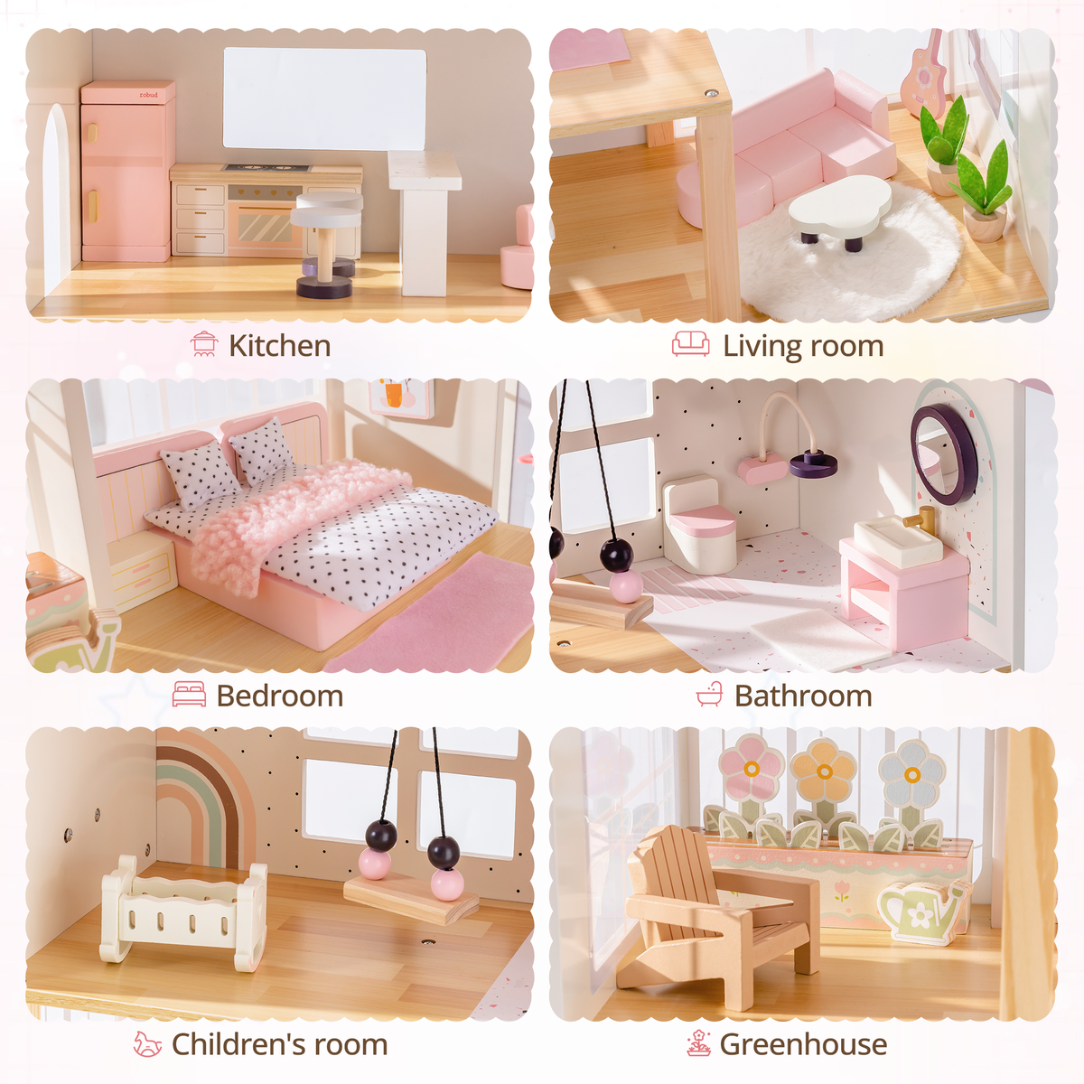 Six room close-ups of the Robud dollhouse interior — Kitchen with pink fridge and bar stools; Living room with pink sofa and round rug; Bedroom with polka-dot bedding; Bathroom with pink vanity and shower; Children's room with white crib and mobile; Greenhouse with Adirondack chair and flower planters