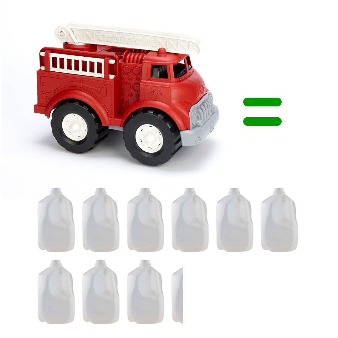 Green Toys Fire Truck recycled content infographic on white background — red fire truck shown in upper left with a green equals sign to its right; below: nine illustrated grey plastic milk jugs arranged in two rows showing that the truck is made from the equivalent of recycled milk jugs; demonstrates Green Toys' commitment to using 100% recycled plastic