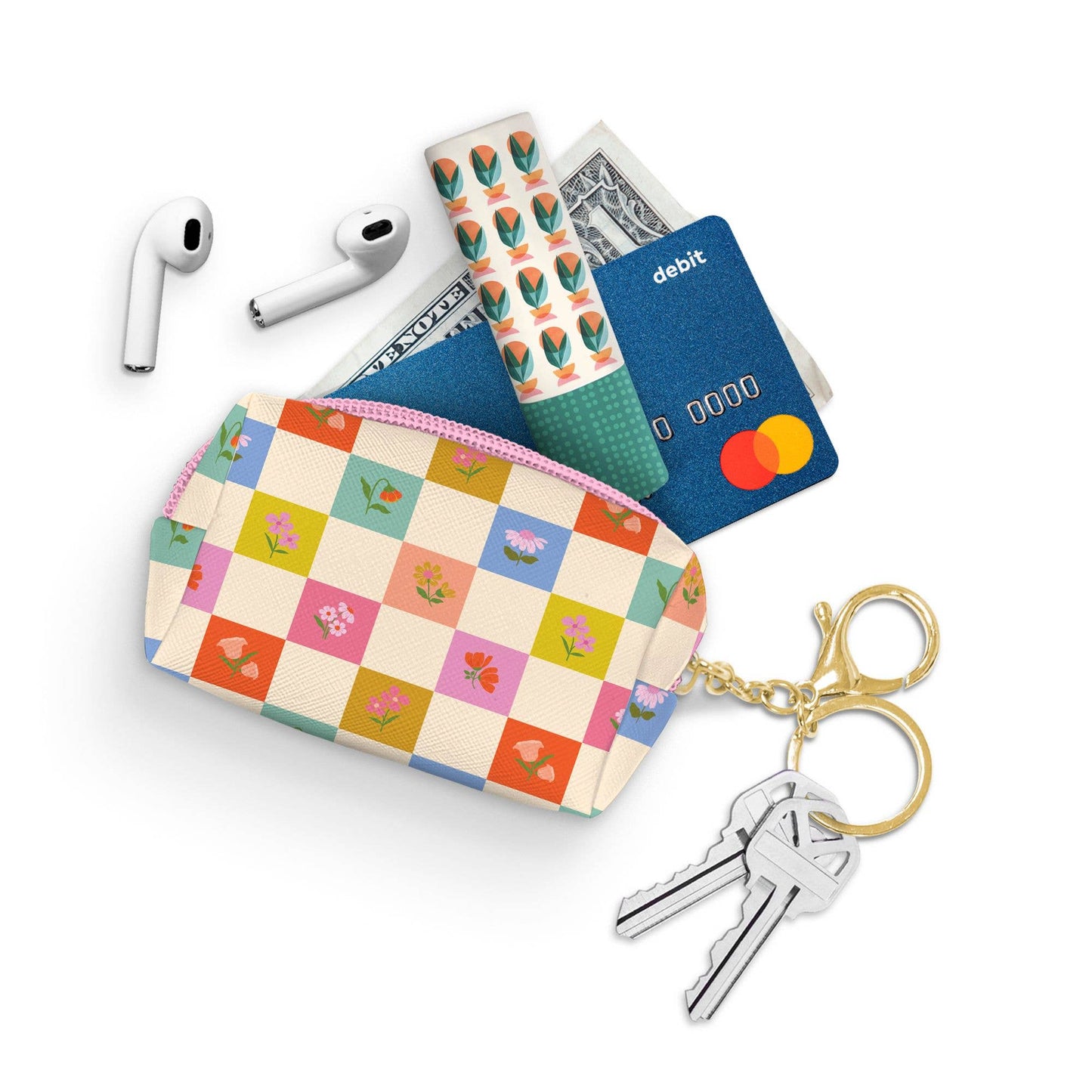 Key Chain Pouch; Checkerboard Blooms