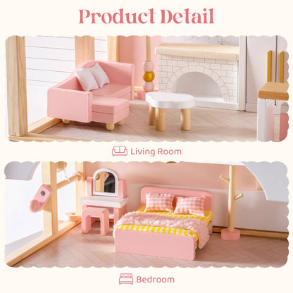 Wooden Dollhouse Furniture Set | 28 Pieces Pink | ROBUD