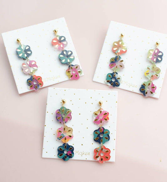 Earrings; Flower Dangle (Hand-painted, Colorful, Gold Accents) By Jill Makes