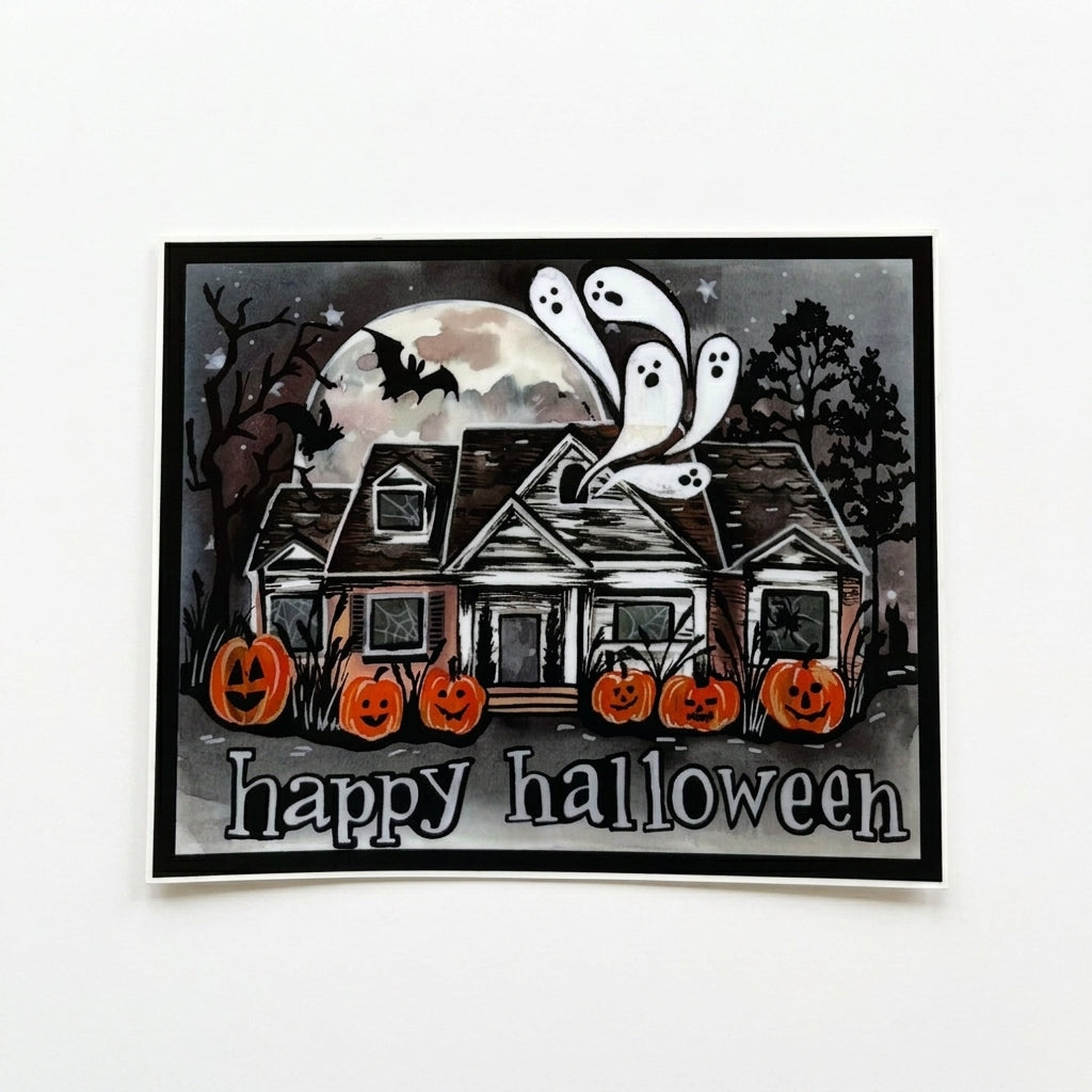 Happy Halloween vinyl sticker by Made By Shellie — rectangular matte sticker with black border; haunted house scene with five glowing jack-o-lanterns along the front, three white ghosts floating above the rooftop, a bat silhouetted against a large full moon, bare trees, and stars on a dark gray night sky; "happy halloween" in white hand-lettered text along the bottom; 4.75"×3.75"