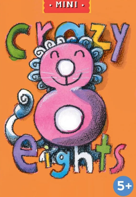 eeBoo Mini Crazy Eights card game box with illustrated colorful number eight character on an orange background, ages 5 and up