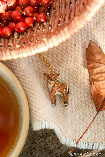 Necklace; Newborn Fawn By Camp Hollow (24k Gold Steel Chain, Hand-Painted Porcelain)