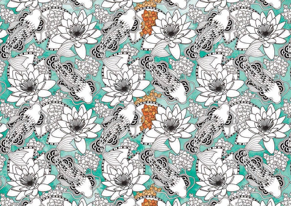 Interior page from Color Therapy coloring book — partially colored illustration of koi fish and water lily flowers, with teal watercolor background, black and white line art fish with decorative scale patterns, and orange accent details along the center