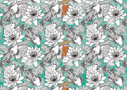 Interior page from Color Therapy coloring book — partially colored illustration of koi fish and water lily flowers, with teal watercolor background, black and white line art fish with decorative scale patterns, and orange accent details along the center