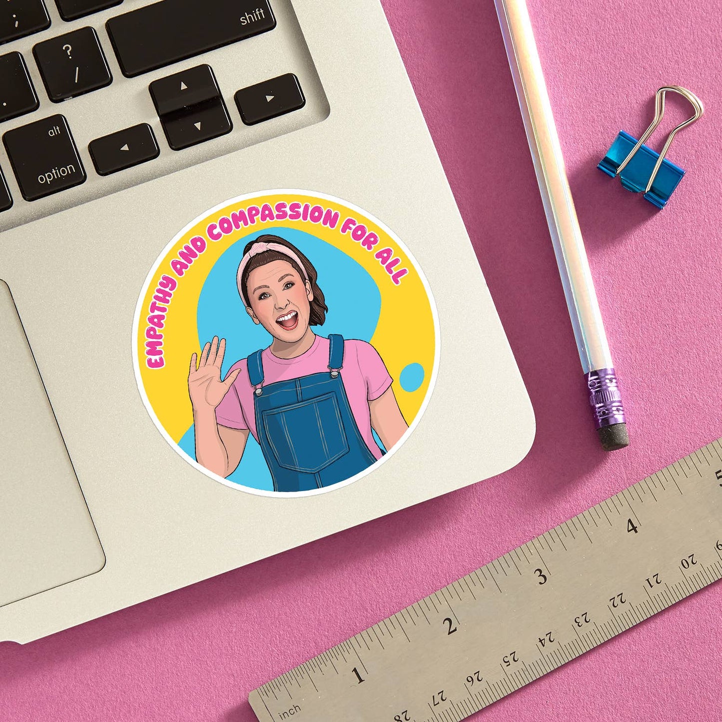 The Found Ms. Rachel Empathy and Compassion for All Die Cut Sticker shown at scale — 3×3 inch circular vinyl die-cut sticker; white background