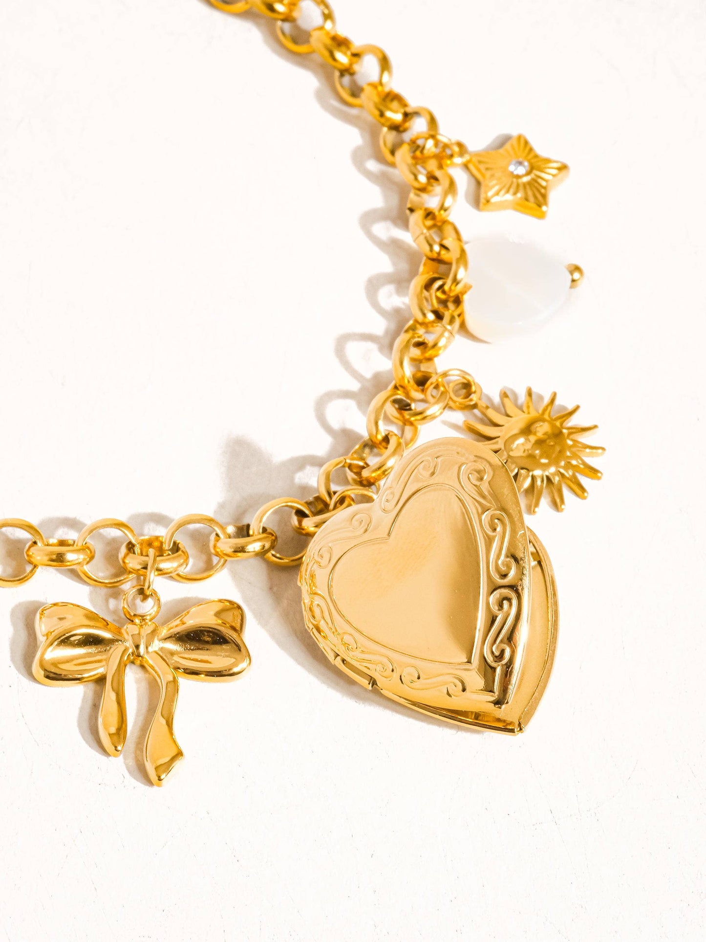 Heart Locket Charm Bracelet; Eydn (18K Gold, Non-Tarnish)