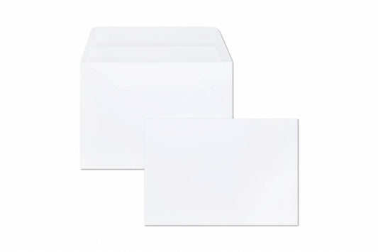 Two Clairefontaine Triomphe envelopes on white background — one envelope shown from back at angle revealing pointed gummed flap and bright white tissue-lined interior; second envelope shown face-up in foreground, super-white smooth front with no printing; both show clean square-ish A5 proportions
