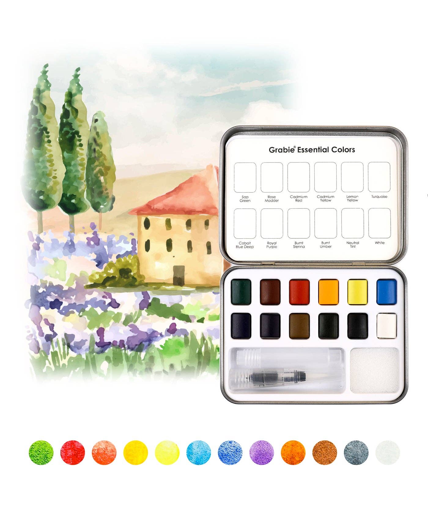 Grabie Complete Watercolor Pocket Set; Essential Colors (12 Colors & Brush)