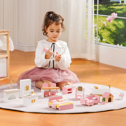 Wooden Dollhouse Furniture Set | 28 Pieces Pink | ROBUD