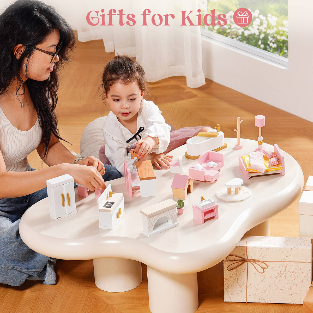Wooden Dollhouse Furniture Set | 28 Pieces Pink | ROBUD
