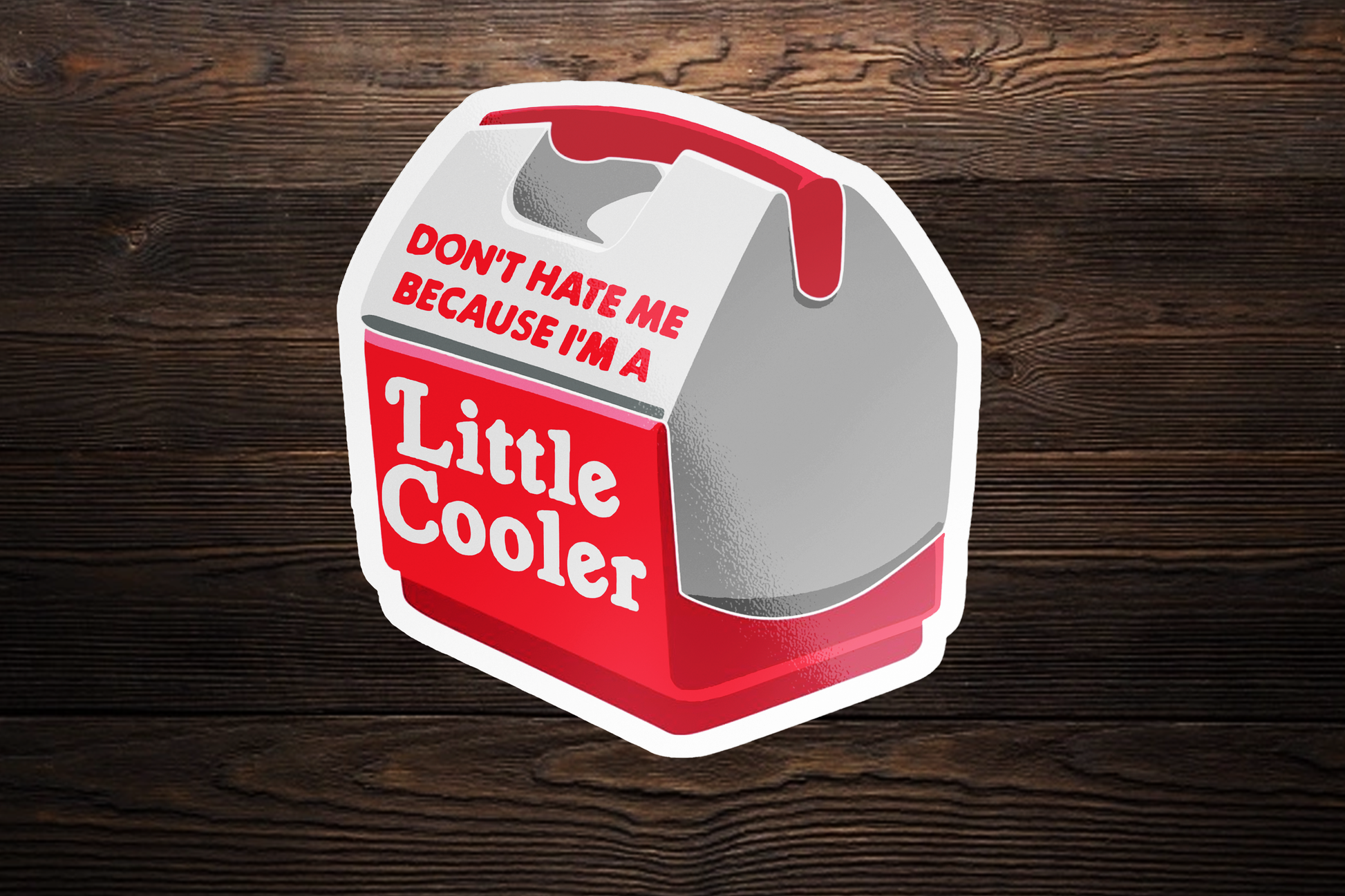 Sticker Bull Don't Hate Me Because I'm A Little Cooler die cut vinyl sticker centered on a dark horizontal wood plank background — illustrated red and gray mini lunchbox cooler with red and white pun text; white die cut border