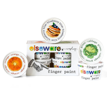 Elseware Unplug finger paint set gift box on white background — side panel view showing product details and ingredient information with colorful Elseware Unplug branding